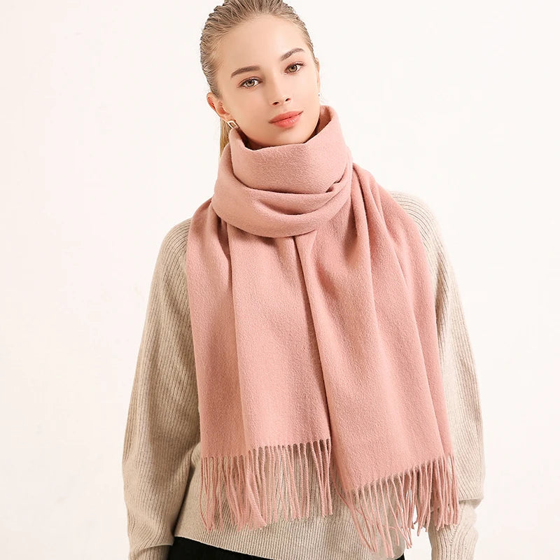 Écharpe d'hiver 100 % pure laine pour femme, couleur unie, rouge, avec pompon, chaude, en laine mérinos et cachemire
