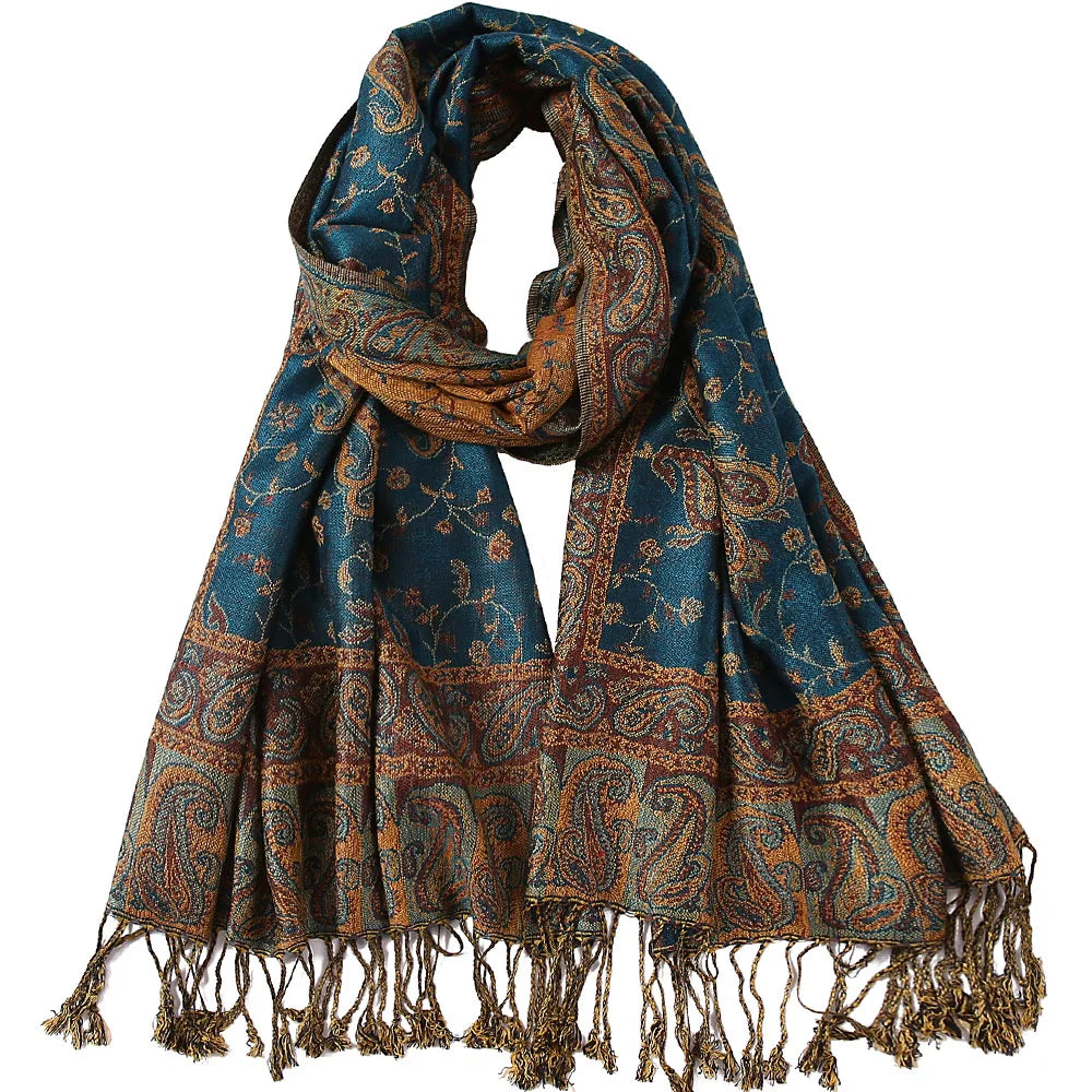 Écharpe en soie Pashmina, châle, motif cachemire, jacquard, bordures florales, 2 couches, réversible, pompons classiques, pour femme, 70 x 180 cm, 200 g