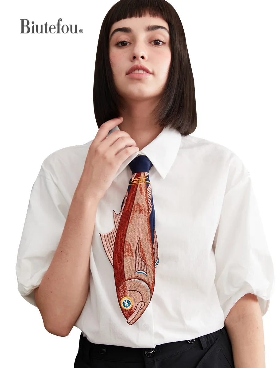 【Biutefou】Accesorios nuevos para mujer, corbata con bordado de pez divertido e irregular
