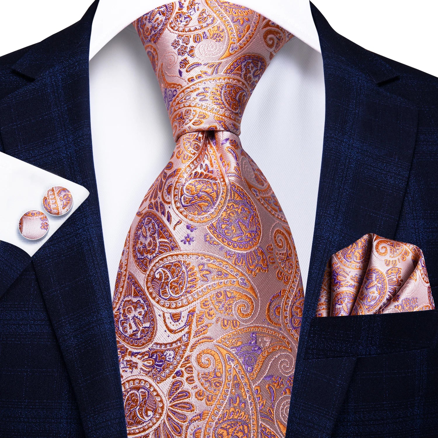 Ensemble de cravates pour hommes Hi-Tie, orange et noir, motif cachemire, en soie, pour mariage, nouveau design tendance, boutons de manchette, livraison directe