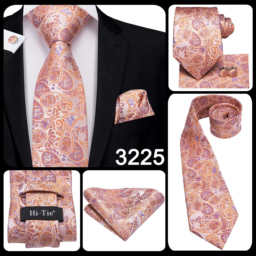 Ensemble de cravates pour hommes Hi-Tie, orange et noir, motif cachemire, en soie, pour mariage, nouveau design tendance, boutons de manchette, livraison directe