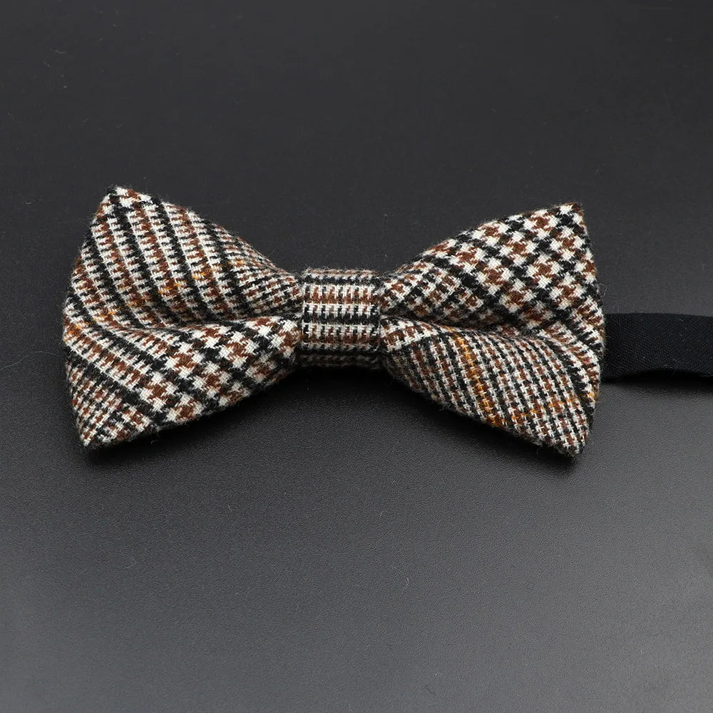 Nœud papillon en laine tissé à carreaux, style formel, marron et gris, accessoire pour homme, idéal pour une soirée de mariage ou un costume
