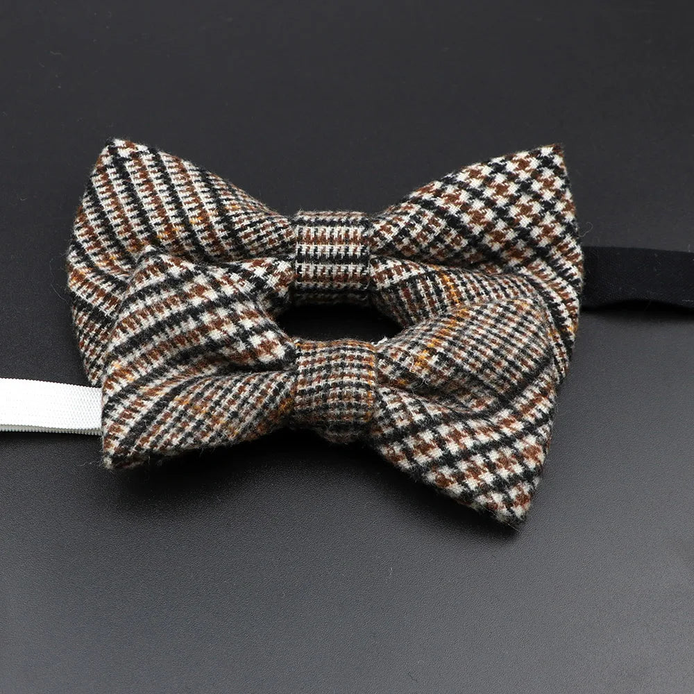 Nœud papillon en laine tissé à carreaux, style formel, marron et gris, accessoire pour homme, idéal pour une soirée de mariage ou un costume