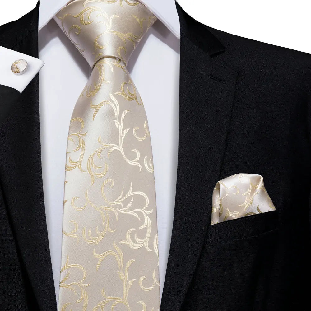 Corbata de boda de seda Hi-Tie en color champán marfil con diseño floral para hombre, pañuelo de calidad, gemelos, corbata de moda, envío directo para negocios.