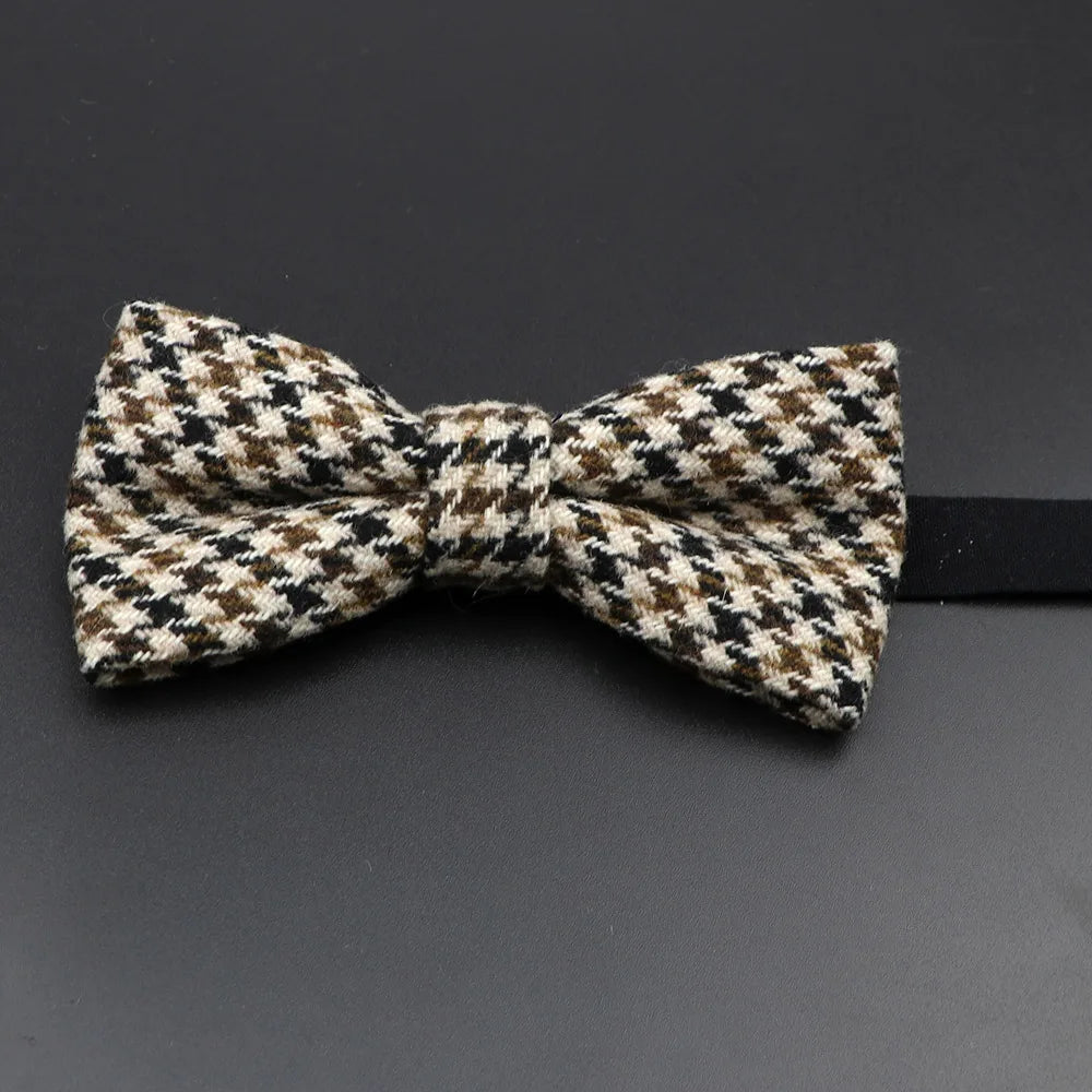 Nœud papillon en laine tissé à carreaux, style formel, marron et gris, accessoire pour homme, idéal pour une soirée de mariage ou un costume