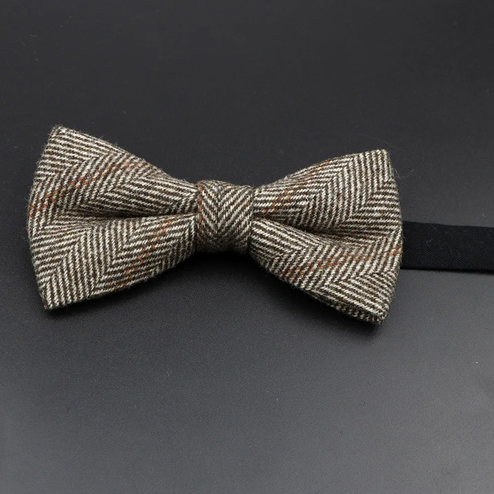 Nœud papillon en laine tissé à carreaux, style formel, marron et gris, accessoire pour homme, idéal pour une soirée de mariage ou un costume