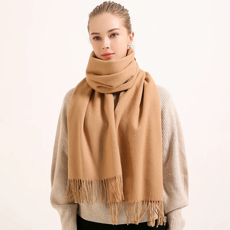 Écharpe d'hiver 100 % pure laine pour femme, couleur unie, rouge, avec pompon, chaude, en laine mérinos et cachemire
