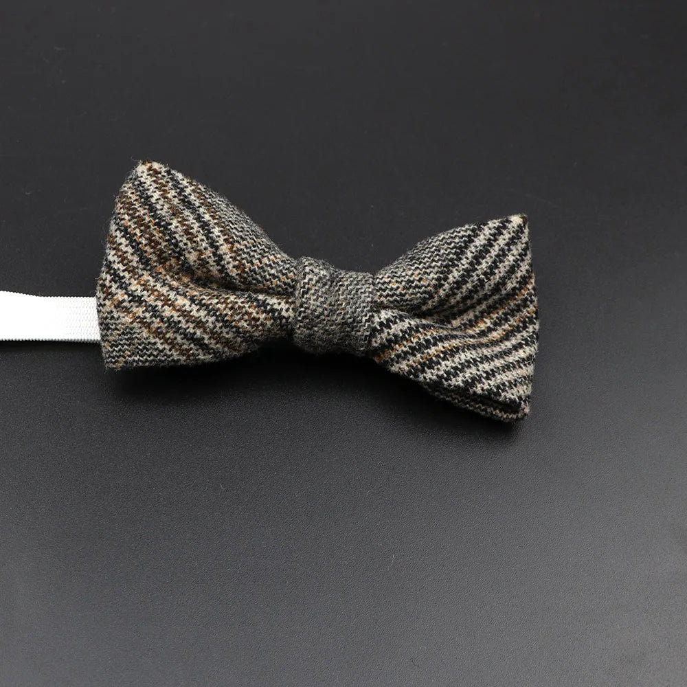 Nœud papillon en laine tissé à carreaux, style formel, marron et gris, accessoire pour homme, idéal pour une soirée de mariage ou un costume