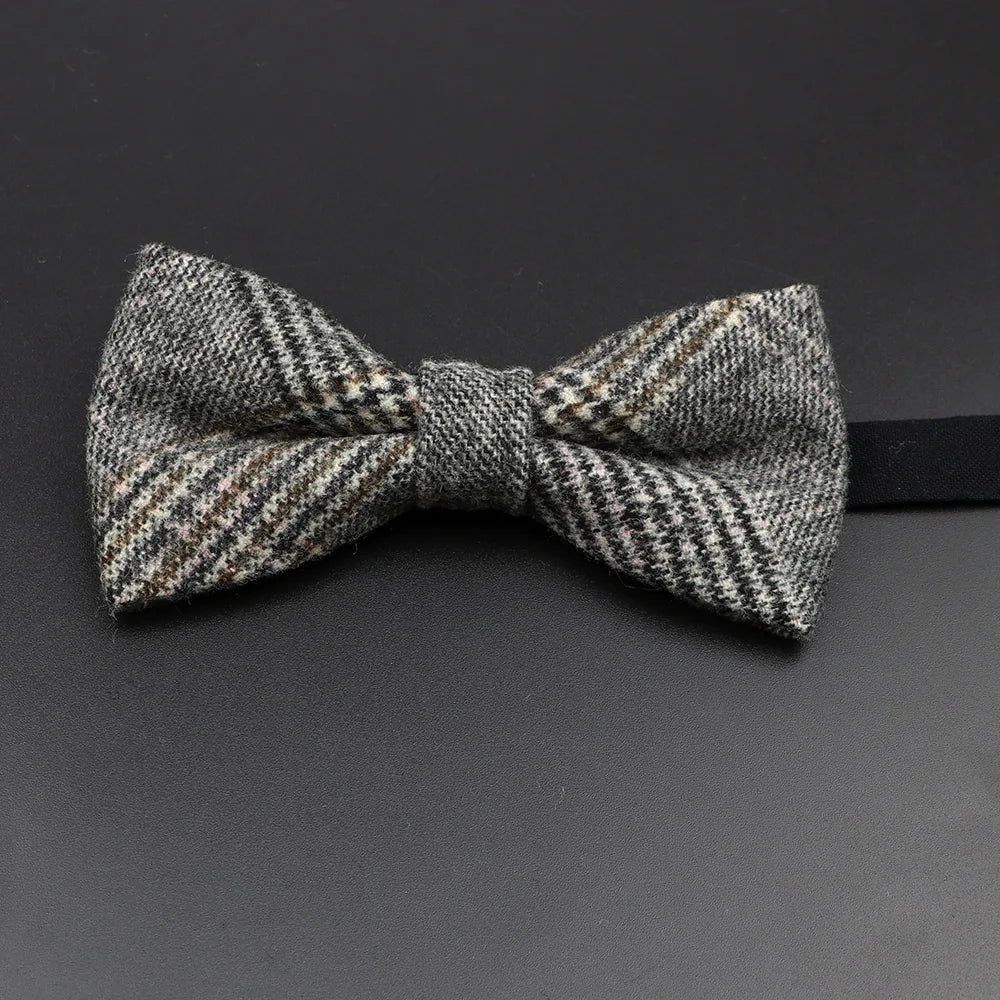 Nœud papillon en laine tissé à carreaux, style formel, marron et gris, accessoire pour homme, idéal pour une soirée de mariage ou un costume