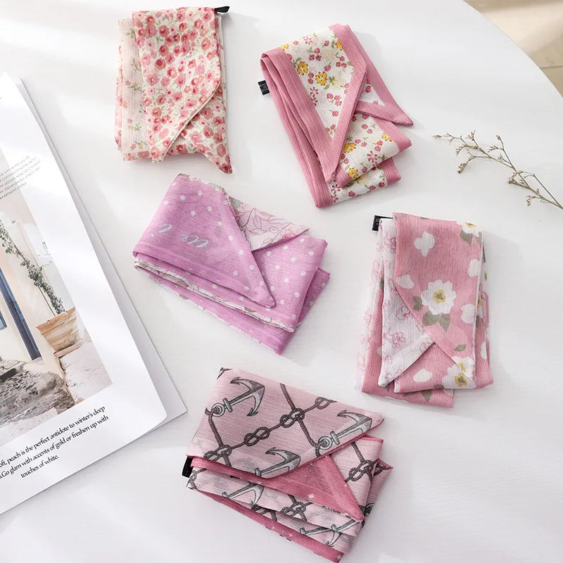 Sommer Französisch Retro Rosa Gebundenes Haar Kleines Blumen Langes Seidentuch Stirnband Geflochtenes Haar Chiffon Dünnes Band Schal