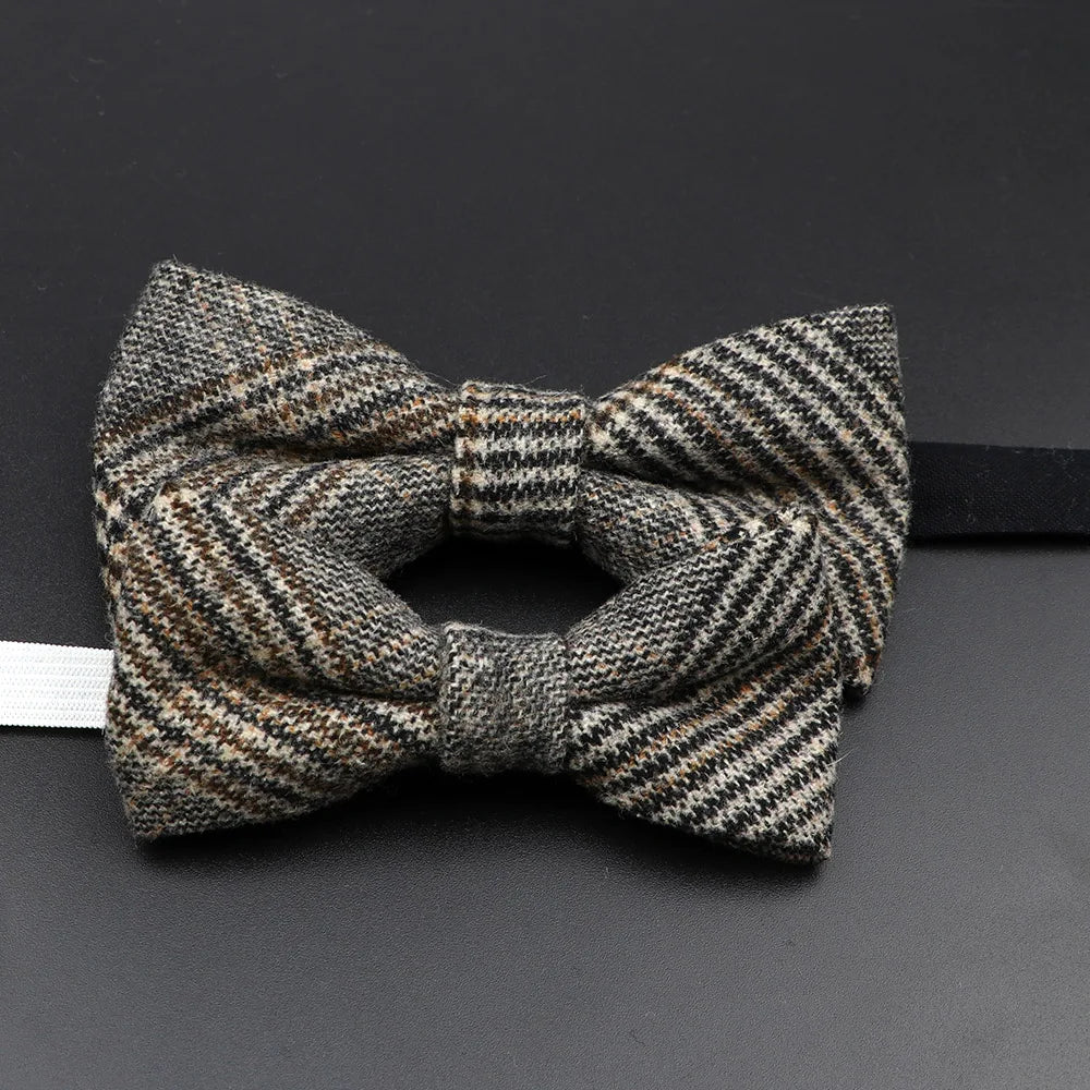 Nœud papillon en laine tissé à carreaux, style formel, marron et gris, accessoire pour homme, idéal pour une soirée de mariage ou un costume