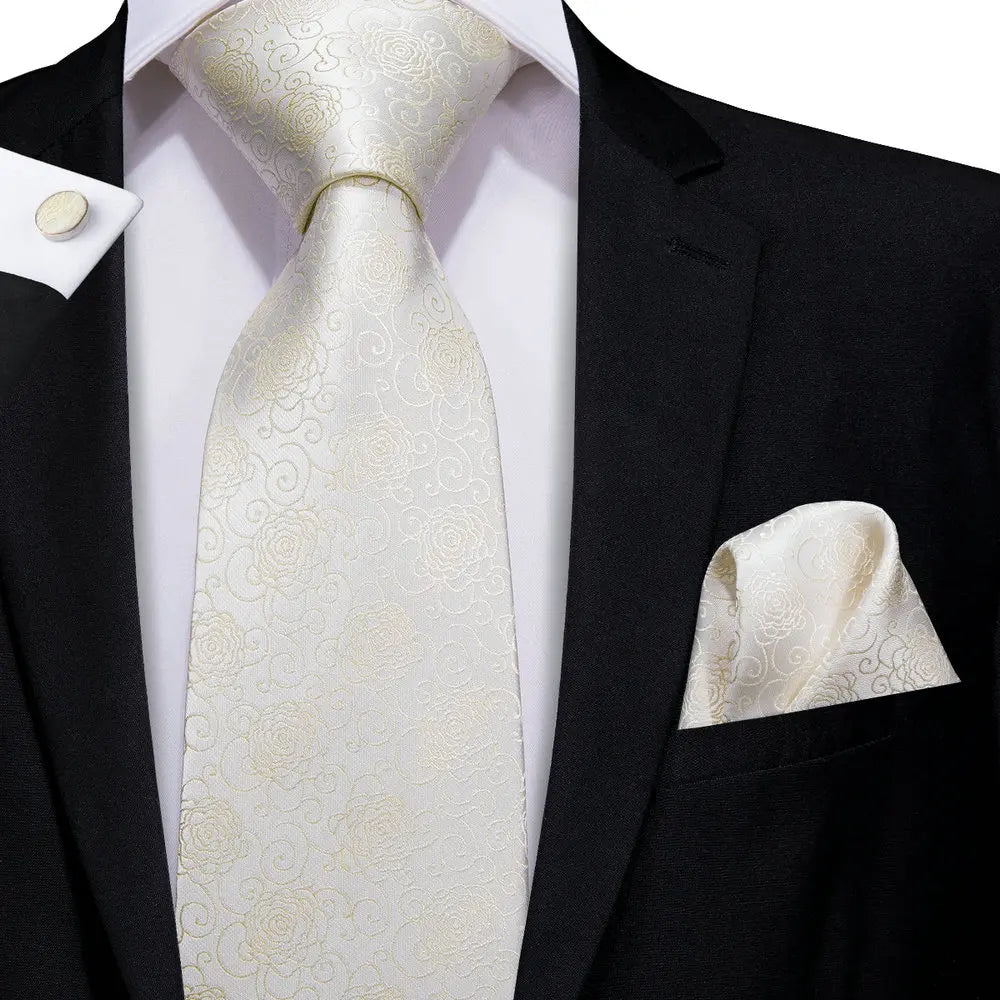 Corbata de boda de seda Hi-Tie en color champán marfil con diseño floral para hombre, pañuelo de calidad, gemelos, corbata de moda, envío directo para negocios.