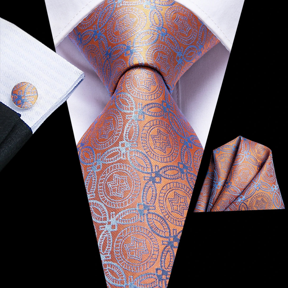 Ensemble de cravates pour hommes Hi-Tie, orange et noir, motif cachemire, en soie, pour mariage, nouveau design tendance, boutons de manchette, livraison directe