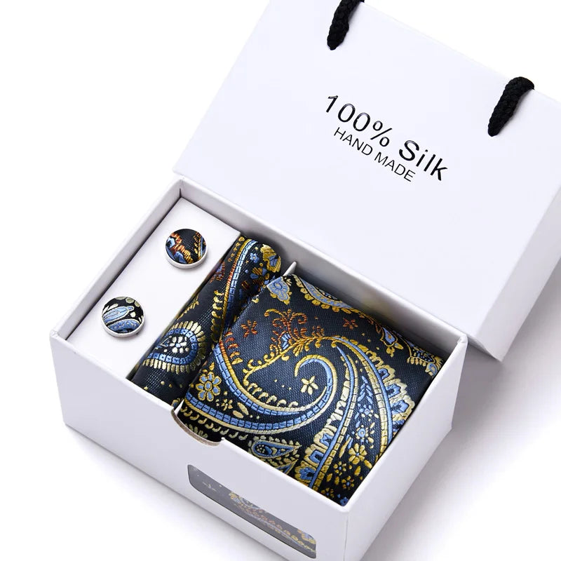 Brand 100% Silk Ties Gift box Office  Men Classic Party Wedding striped 7.5cm Silk Wedding  Floral Tie Necktie Handkerchief Set
