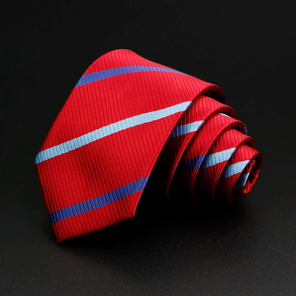 Nouvelle cravate classique à rayures pour homme, 7 cm, jacquard, rouge, bleu, vert, à porter au quotidien, accessoire pour robe de soirée, cadeau pour homme
