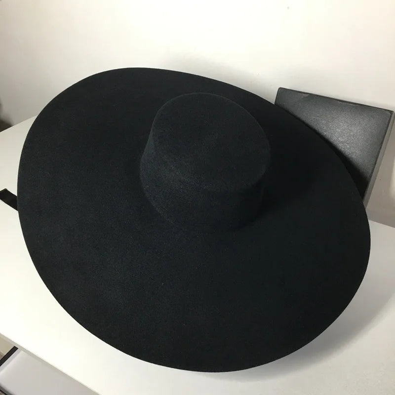 Fedora Hats For Women Autumn Winter High Top Jazz Black 100% Wool Top Hat Flat Top Big Wide Brim Cap Female Windproof New 2021