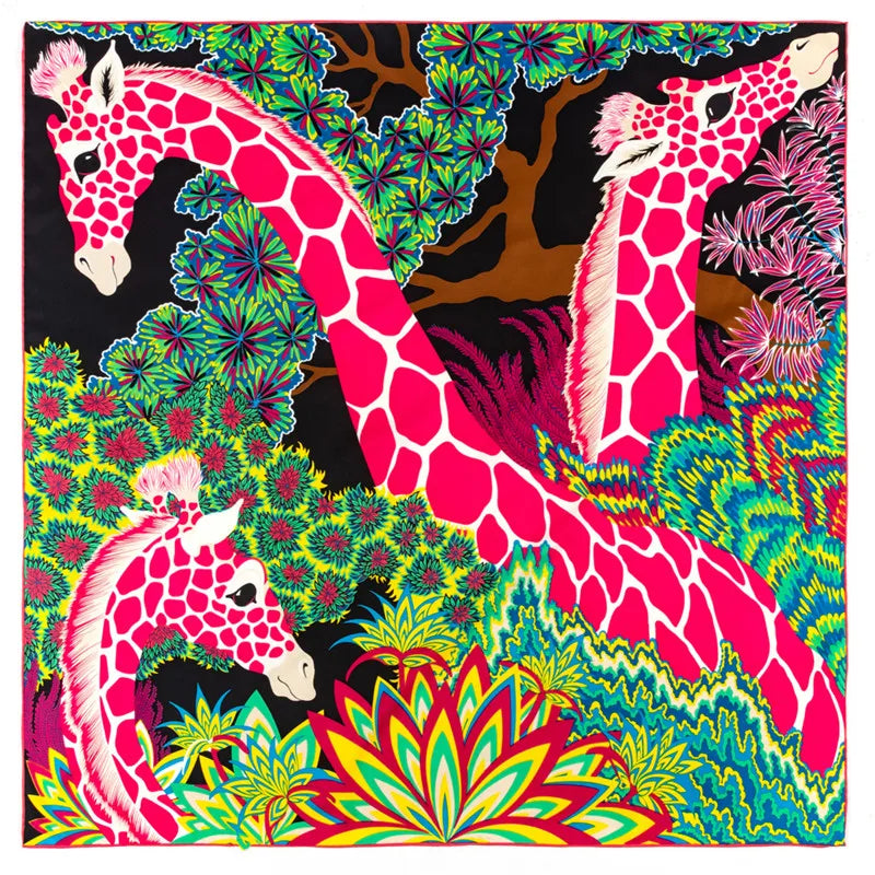 Foulard carré en soie sergée roulée à la main POBING pour femme, motif trois girafes, 90 cm