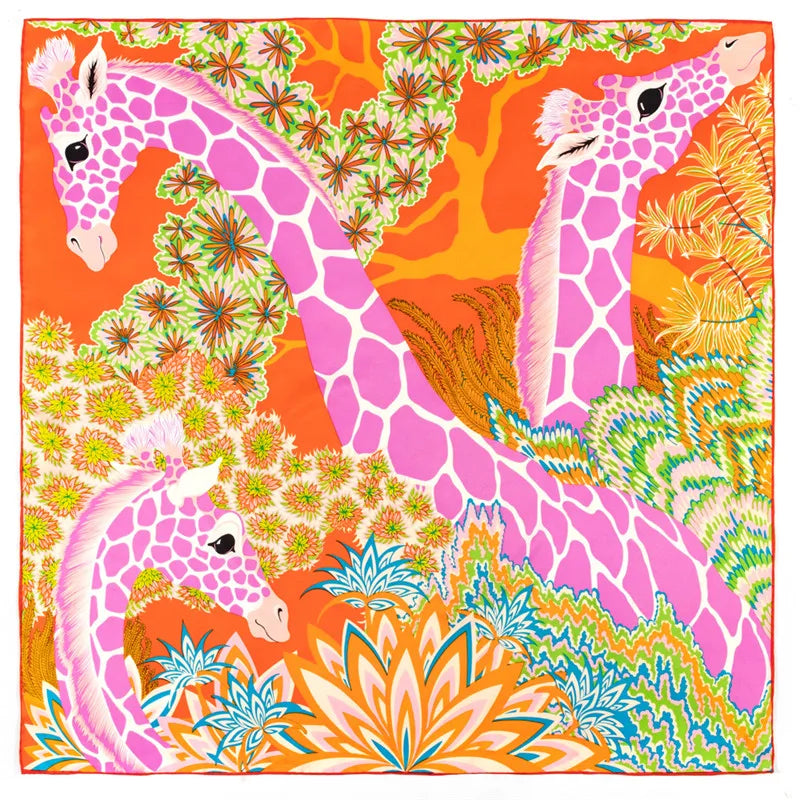 Foulard carré en soie sergée roulée à la main POBING pour femme, motif trois girafes, 90 cm