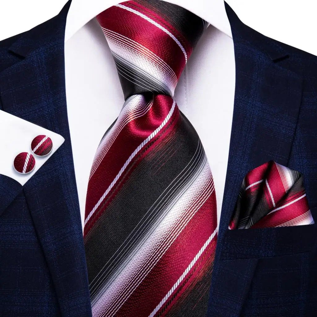 Corbata de boda de seda a rayas negras y rojas para hombre, gemelos de regalo, corbata de moda para negocios y fiestas, envío directo, diseño Hi-Tie