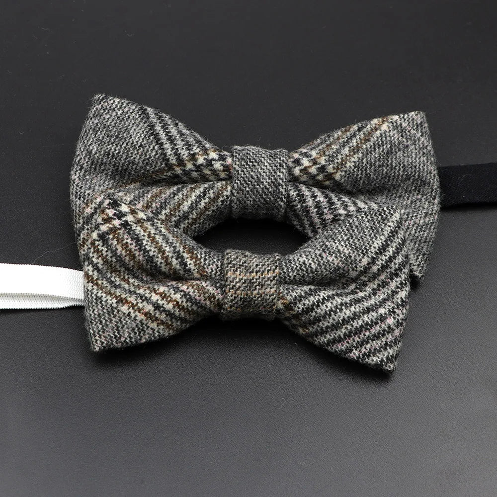 Nœud papillon en laine tissé à carreaux, style formel, marron et gris, accessoire pour homme, idéal pour une soirée de mariage ou un costume
