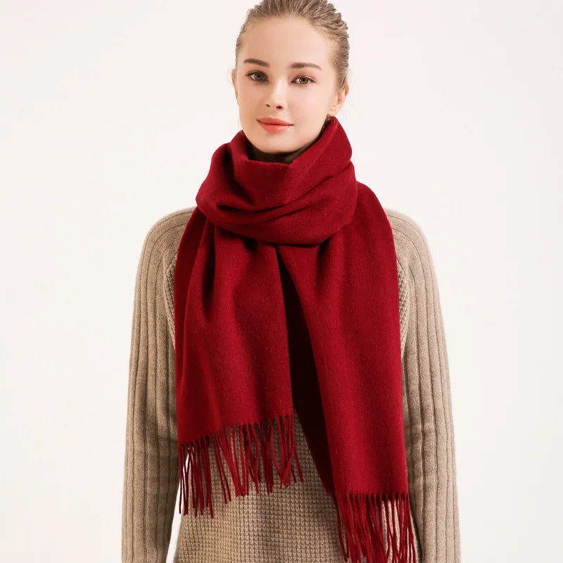 Écharpe d'hiver 100 % pure laine pour femme, couleur unie, rouge, avec pompon, chaude, en laine mérinos et cachemire