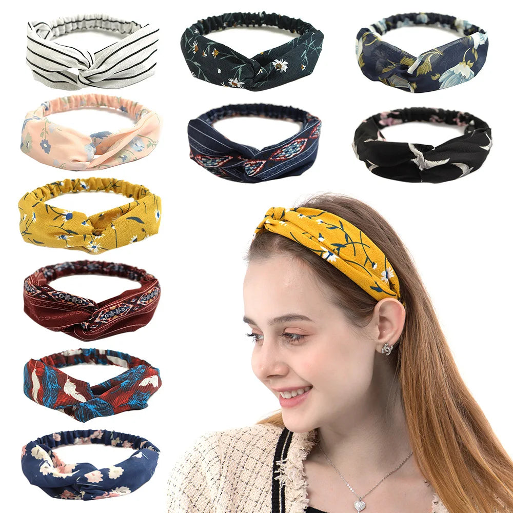 Bandeau à cheveux bohème pour femme et fille, imprimé vintage, croisé, style été