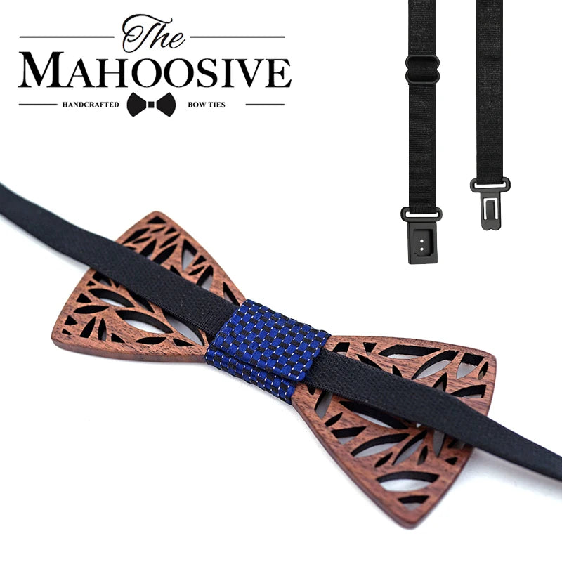 Conjunto de pajarita de madera y pañuelo para hombre, pajarita a cuadros de madera hueca tallada con diseño floral recortado y caja, corbatas novedosas de moda para hombre.