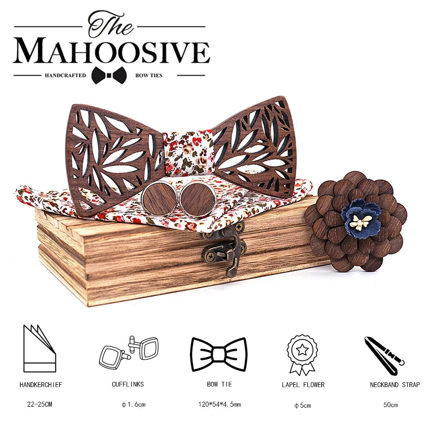 Conjunto de pajarita de madera y pañuelo para hombre, pajarita a cuadros de madera hueca tallada con diseño floral recortado y caja, corbatas novedosas de moda para hombre.