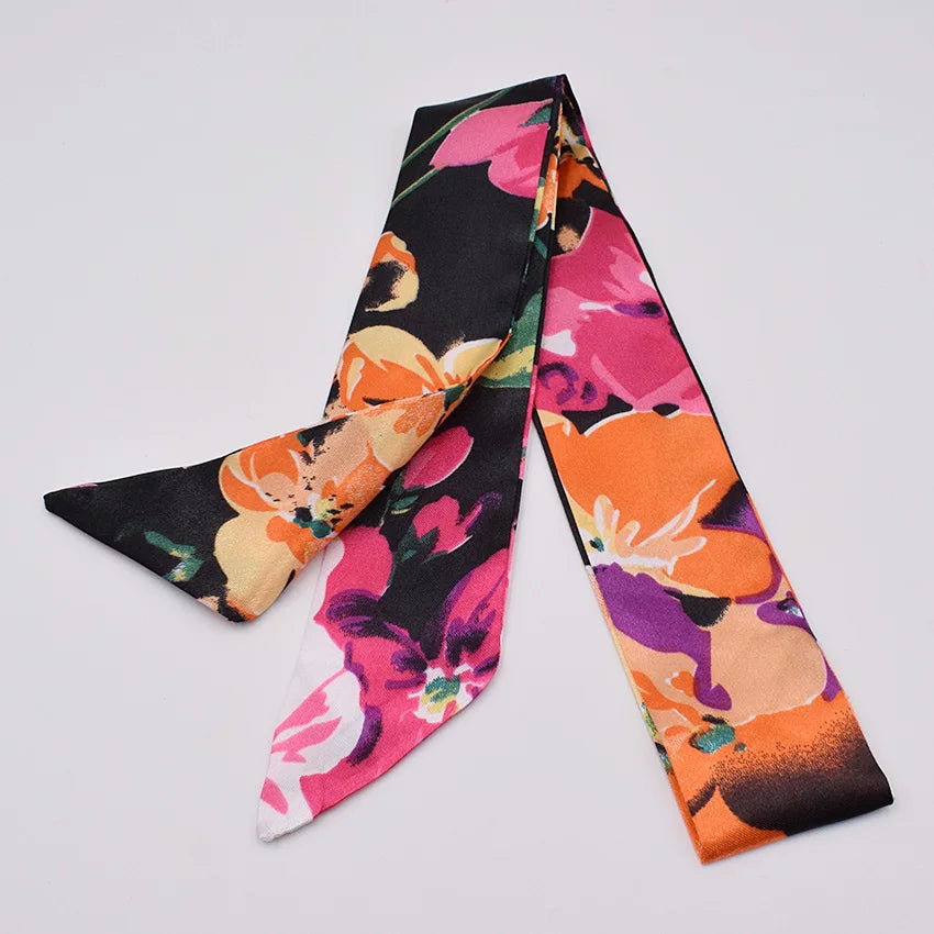 Neue Druck blume Griff Tasche Bänder Marke Mode Kopf Schal Kleine Seide Schal Für Frauen Kleine Lange Dünne Schals Großhandel