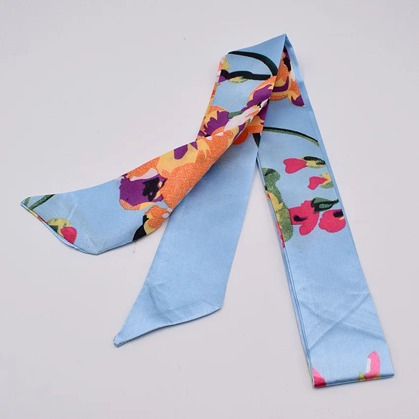 Neue Druck blume Griff Tasche Bänder Marke Mode Kopf Schal Kleine Seide Schal Für Frauen Kleine Lange Dünne Schals Großhandel