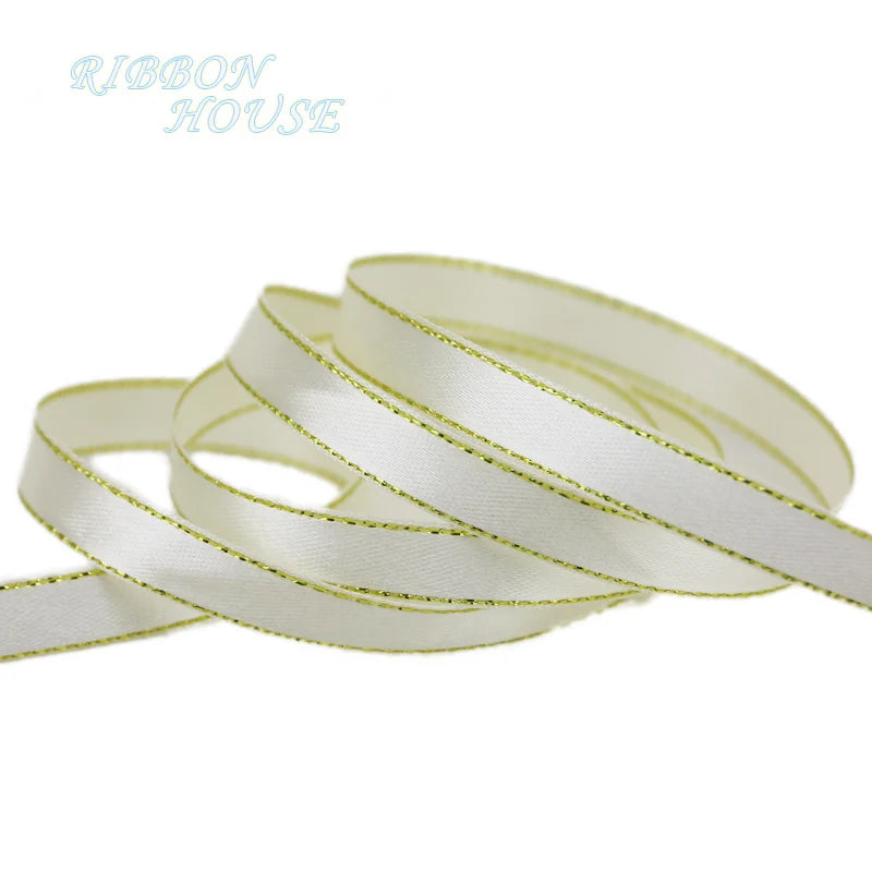 (25 yards/lot) Cream White Gold Ribbon high quality satin ribbons gift packaging