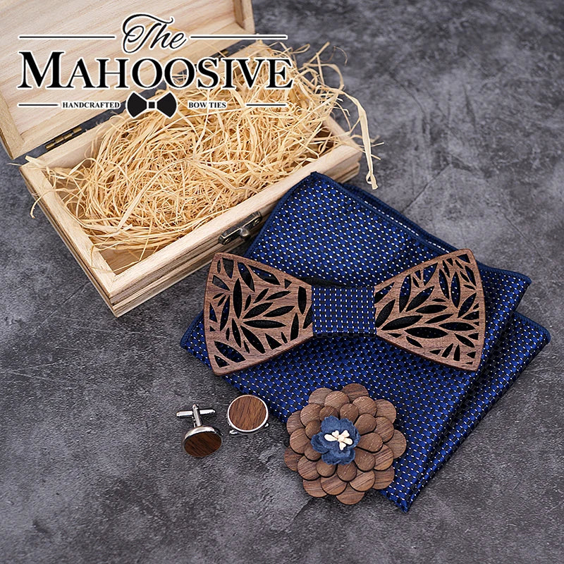 Conjunto de pajarita de madera y pañuelo para hombre, pajarita a cuadros de madera hueca tallada con diseño floral recortado y caja, corbatas novedosas de moda para hombre.