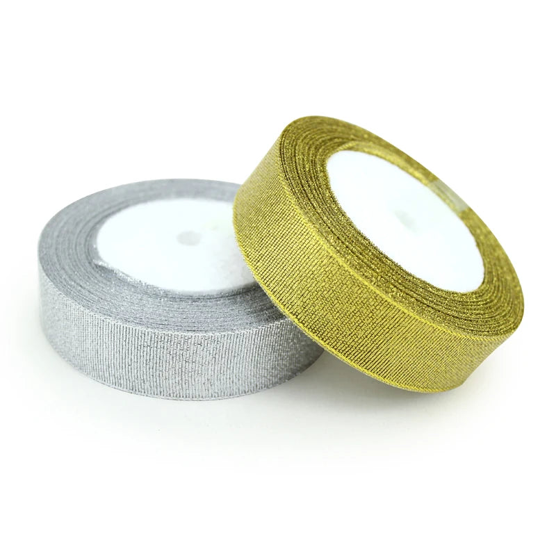 (25 mètres/rouleau) Ruban d'emballage cadeau or et argent rubans brillants de mariage de haute qualité