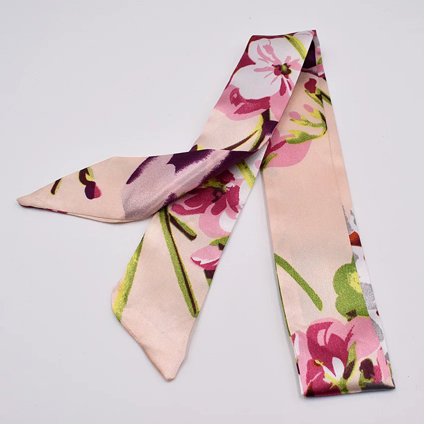 Neue Druck blume Griff Tasche Bänder Marke Mode Kopf Schal Kleine Seide Schal Für Frauen Kleine Lange Dünne Schals Großhandel