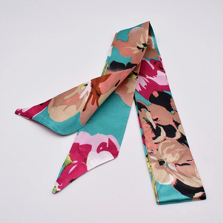 Neue Druck blume Griff Tasche Bänder Marke Mode Kopf Schal Kleine Seide Schal Für Frauen Kleine Lange Dünne Schals Großhandel