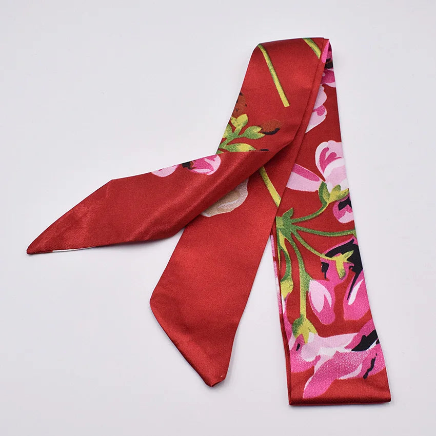 Neue Druck blume Griff Tasche Bänder Marke Mode Kopf Schal Kleine Seide Schal Für Frauen Kleine Lange Dünne Schals Großhandel