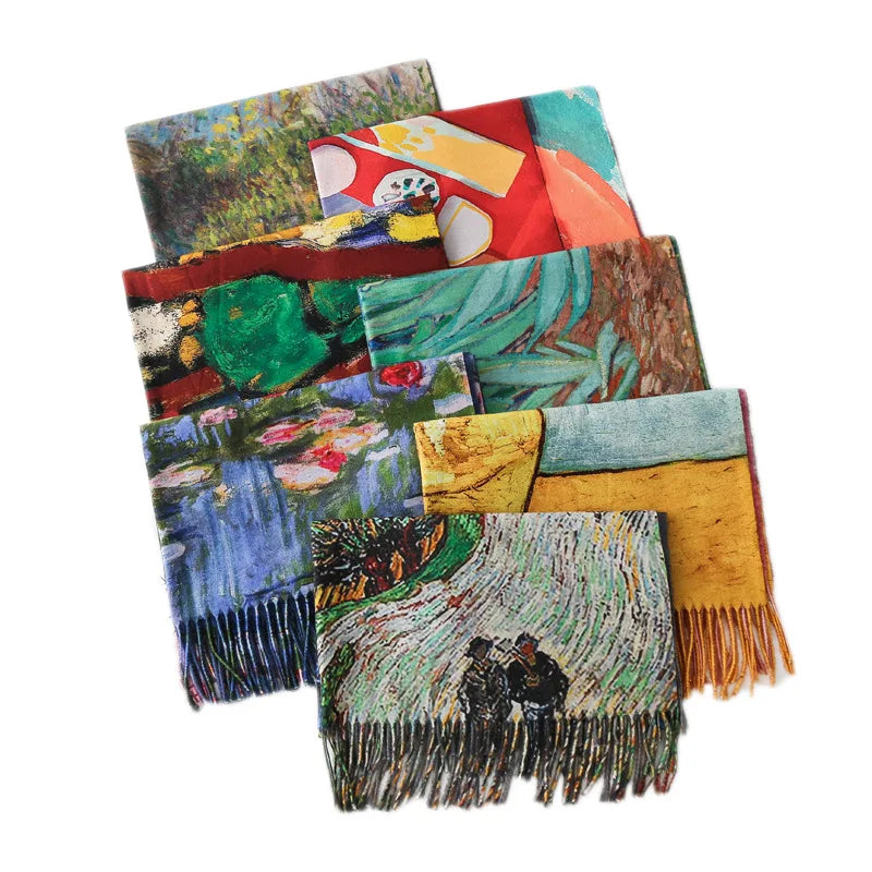 Mode Ölgemälde Schal Frauen Winter Warm Van Gogh Malerei Quaste Schals Einzigartige Luxus Lange Print Wraps Schal