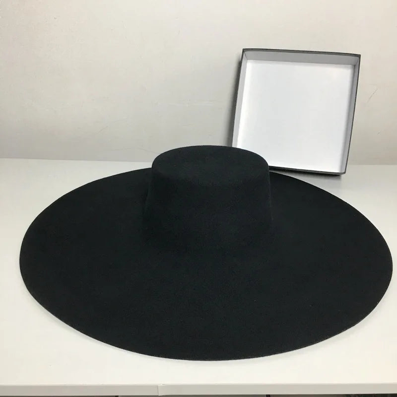 Fedora Hats For Women Autumn Winter High Top Jazz Black 100% Wool Top Hat Flat Top Big Wide Brim Cap Female Windproof New 2021