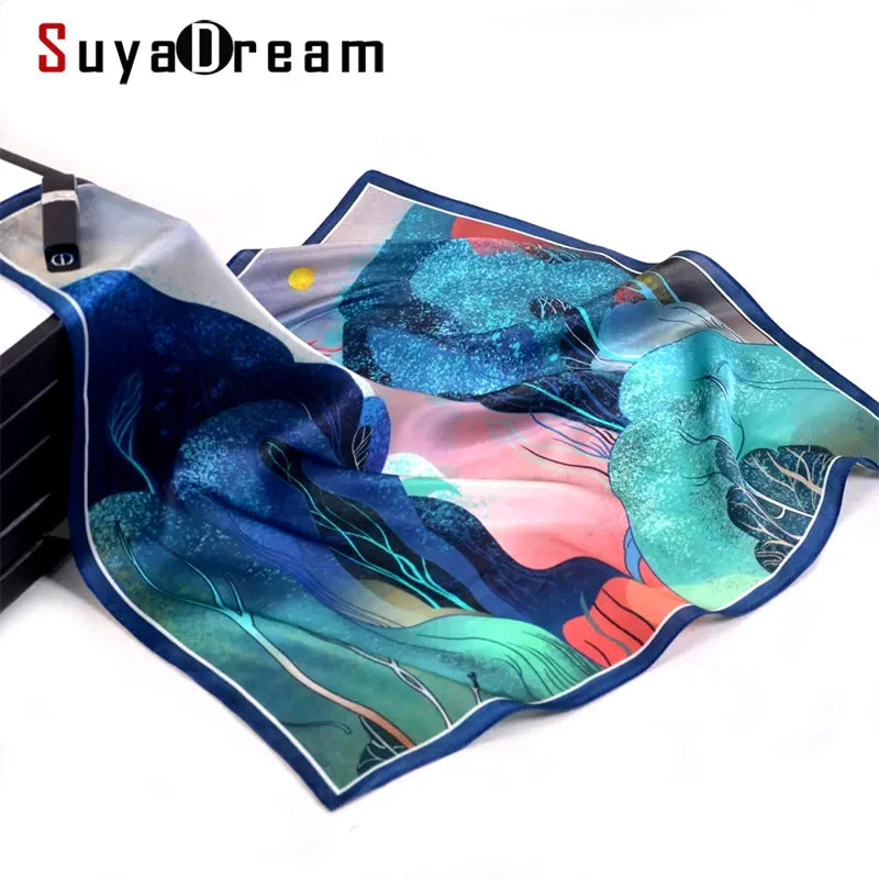 Suya Dream 100 % ECHTE SEIDE Damen Seidenschal 53 x 53 cm Quadratischer bedruckter Schal
