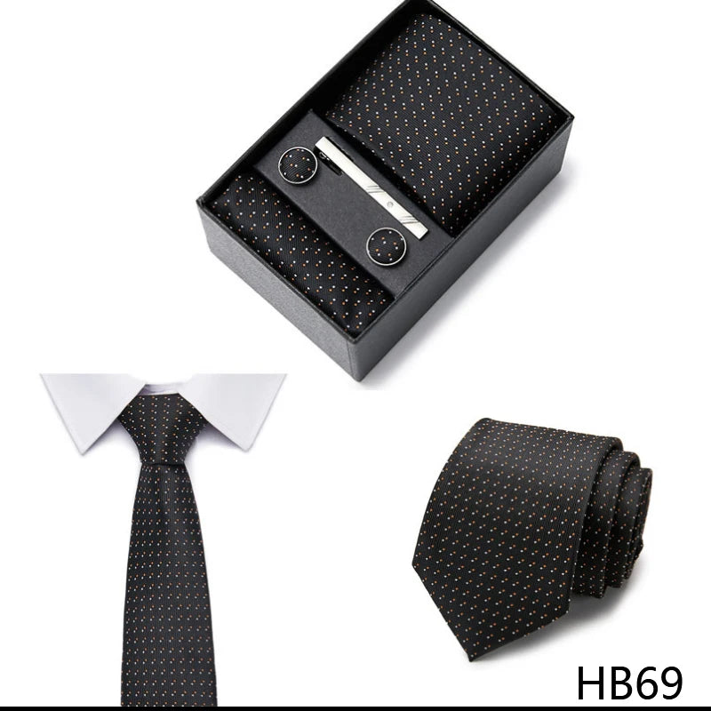 2023 New Style Wedding Gift Tie Pocket Squares Set Necktie Box Men Solid Black Suit Accessories Fit Wedding