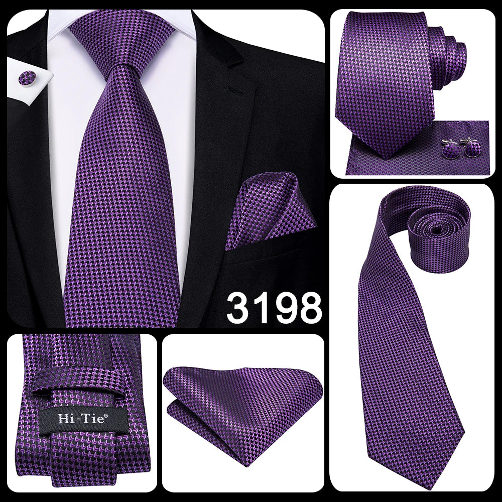 Hi-Tie Purple Solid Paisley Silk Wedding Tie for Men Novelty Design Handky cufflink Gift Men Tie Set Party Business Dropshipping