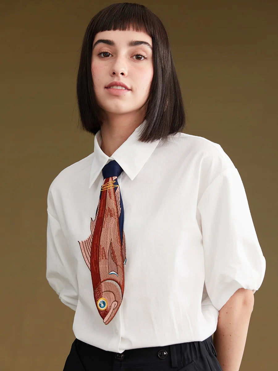 【Biutefou】Accesorios nuevos para mujer, corbata con bordado de pez divertido e irregular