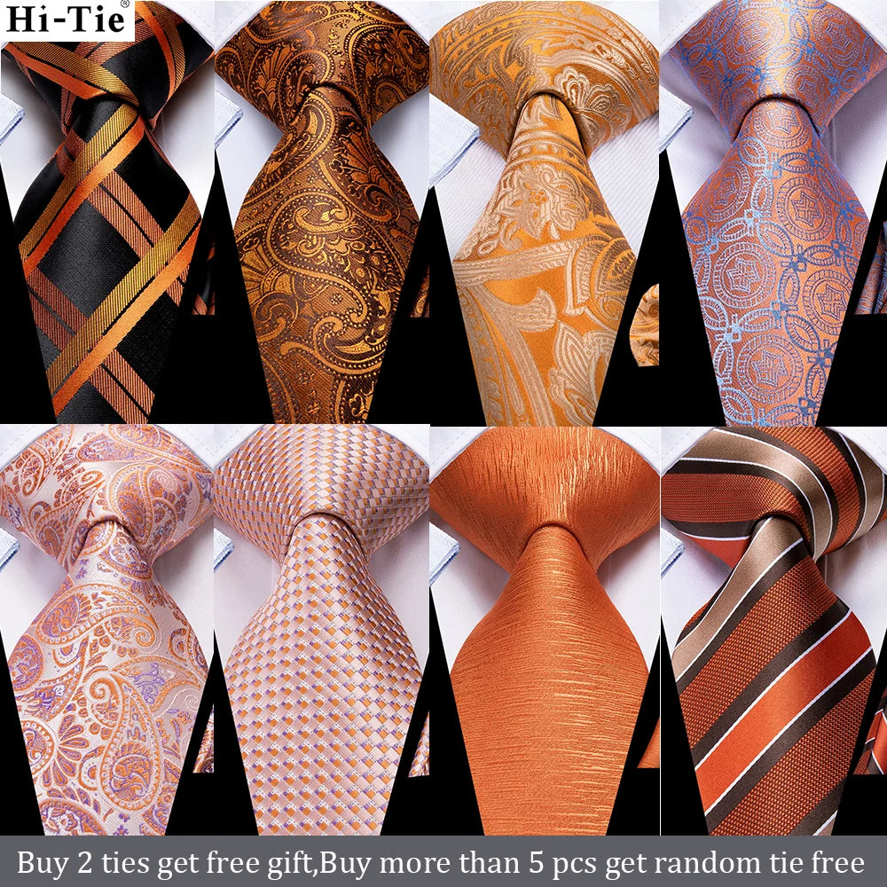 Ensemble de cravates pour hommes Hi-Tie, orange et noir, motif cachemire, en soie, pour mariage, nouveau design tendance, boutons de manchette, livraison directe