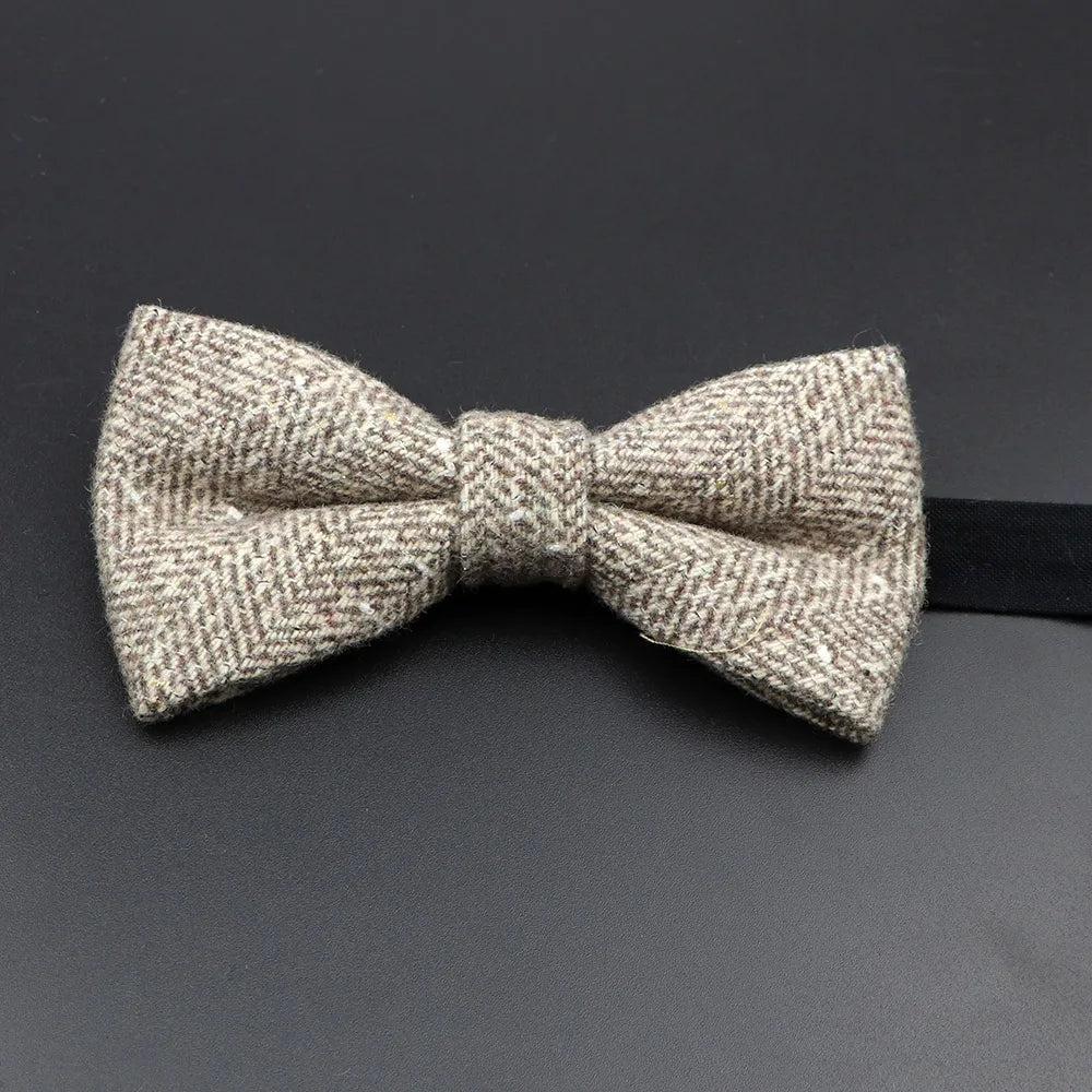 Nœud papillon en laine tissé à carreaux, style formel, marron et gris, accessoire pour homme, idéal pour une soirée de mariage ou un costume