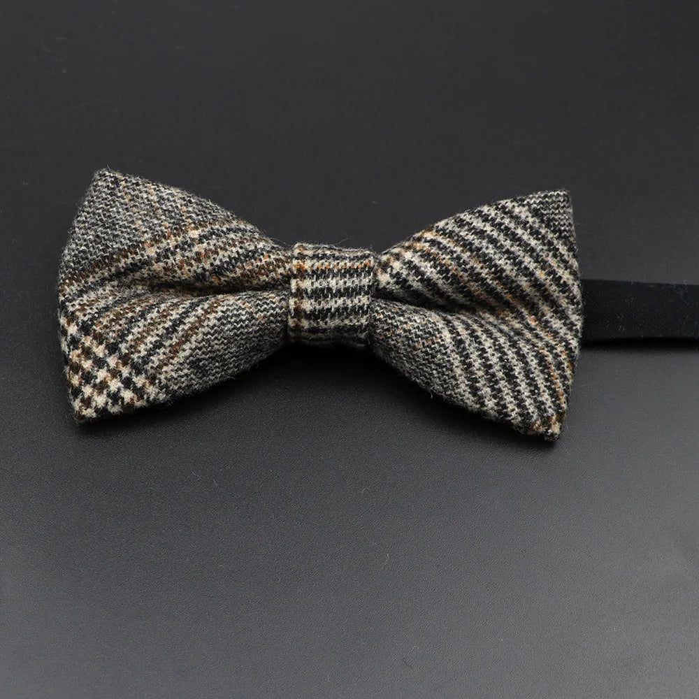 Nœud papillon en laine tissé à carreaux, style formel, marron et gris, accessoire pour homme, idéal pour une soirée de mariage ou un costume
