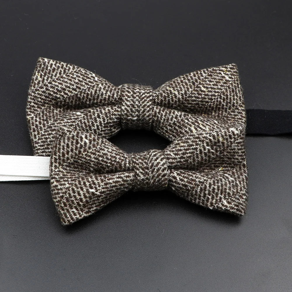 Nœud papillon en laine tissé à carreaux, style formel, marron et gris, accessoire pour homme, idéal pour une soirée de mariage ou un costume