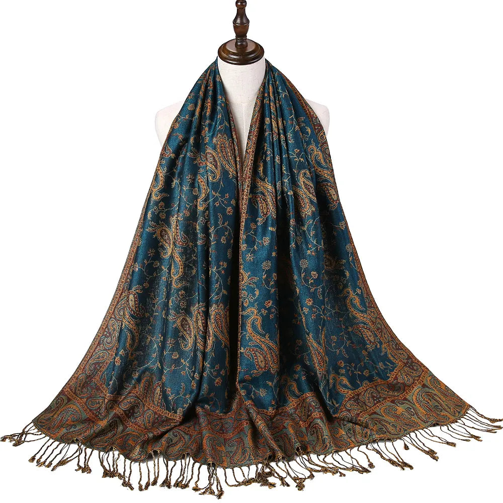 Écharpe en soie Pashmina, châle, motif cachemire, jacquard, bordures florales, 2 couches, réversible, pompons classiques, pour femme, 70 x 180 cm, 200 g
