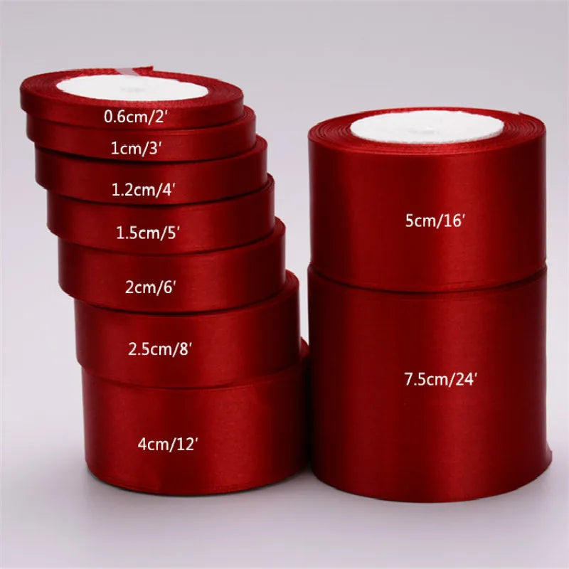 Rubans de satin bordeaux neufs de 25 mètres, 6 à 75 mm, matériel d'emballage, nœuds, décoration de mariage, emballage cadeau