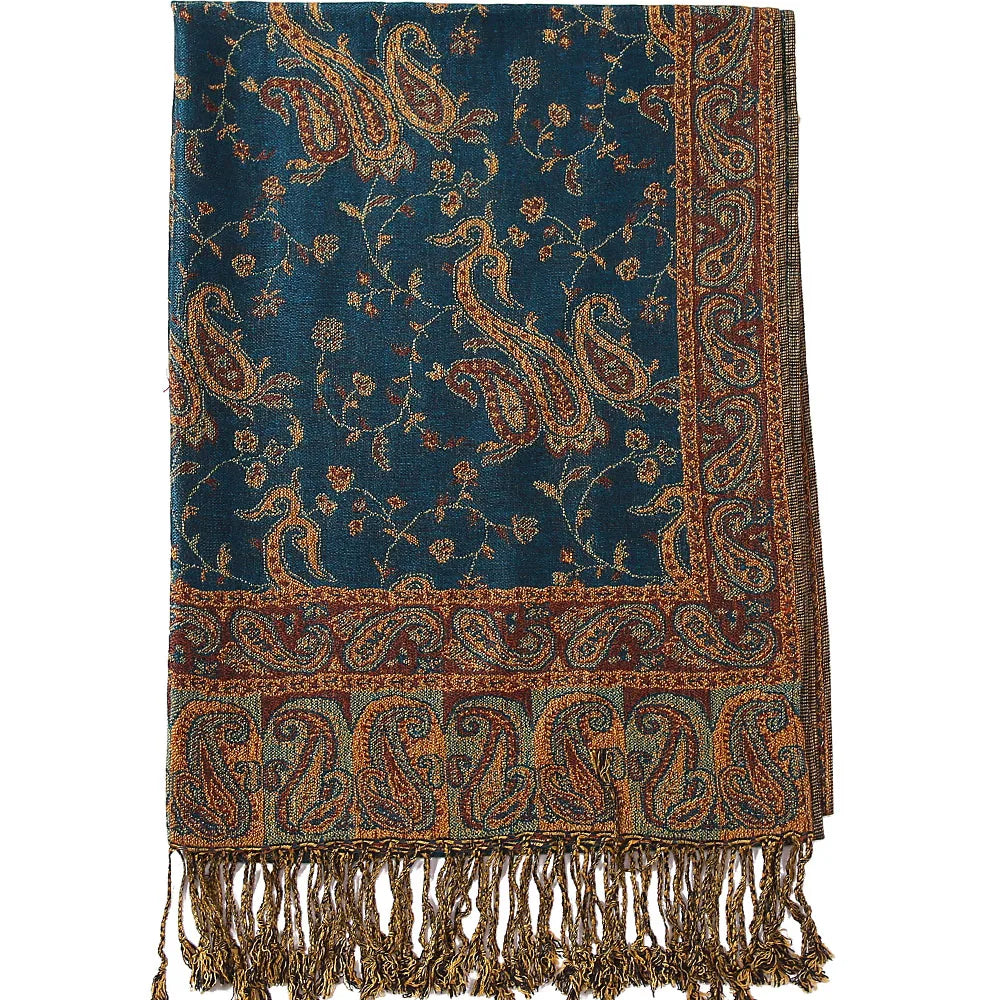 Écharpe en soie Pashmina, châle, motif cachemire, jacquard, bordures florales, 2 couches, réversible, pompons classiques, pour femme, 70 x 180 cm, 200 g