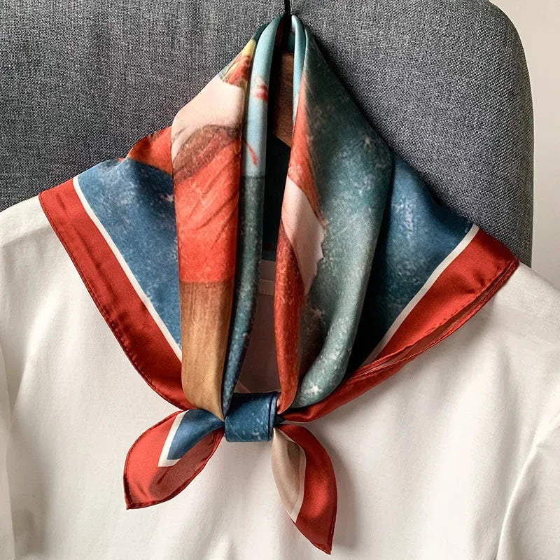 Petit foulard en satin de soie pour femmes, imprimé tendance, 53 x 53 cm, carré, pour le cou, pour le printemps